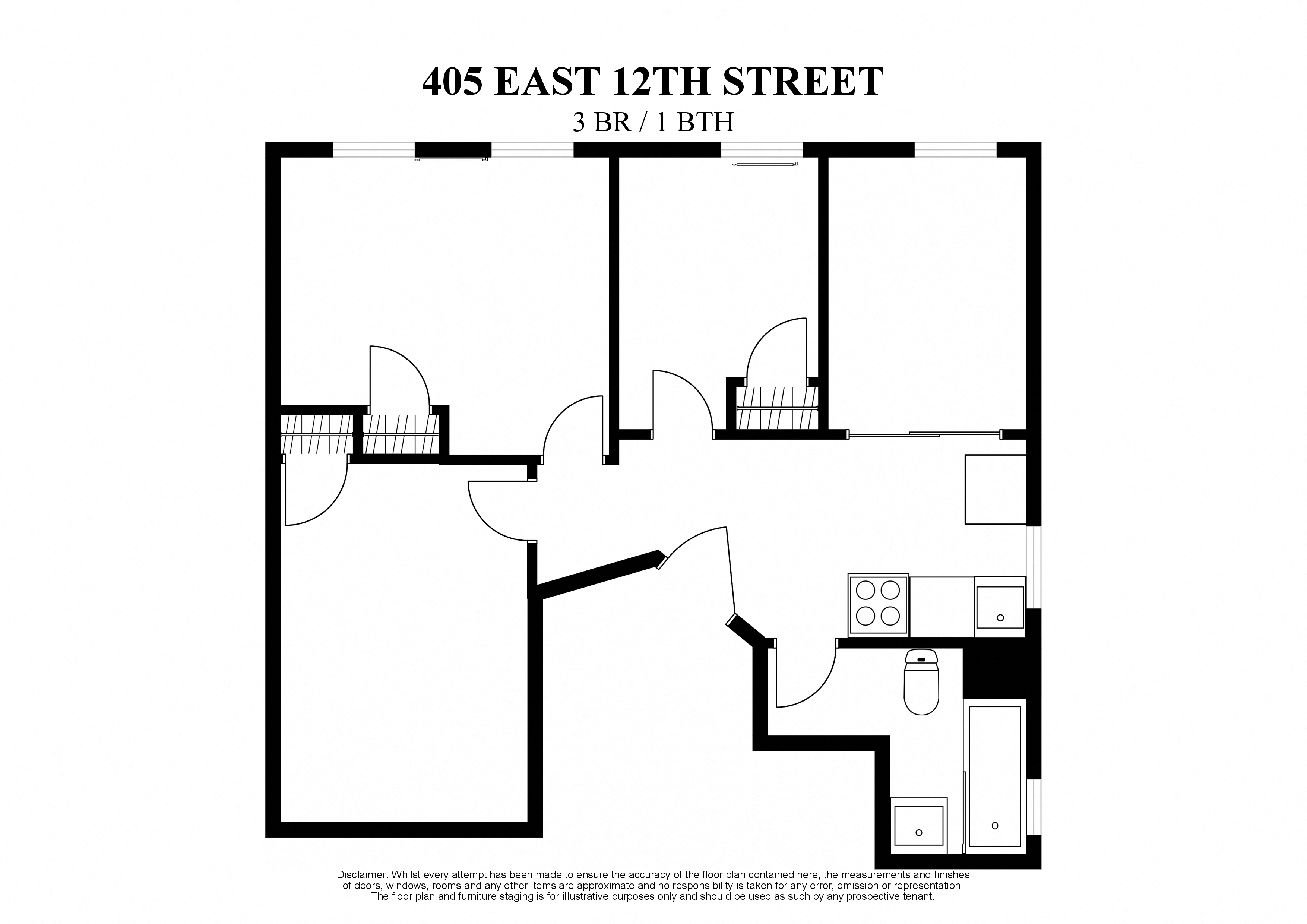 2D floor plan for 3 bedroom one bathroom at 405 East 12th Street New york